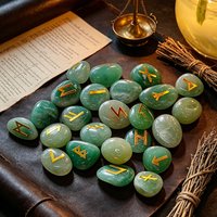 24Pcs Natural Tumbled Rune Stones Set, Aventurine & Rose Quartz Crystal Runes with Guide Book, Nordic Divination Craft Supplies