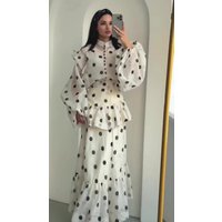 Women's White Polka Dot Maxi Dress Long Puff Sleeve Ruffled Collared Tiered Gown Self-Belt Elegant Retro Outfit For Dating