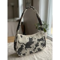 Trendy Black Cat Print Shoulder Bag, Beige Corduroy Underarm Bag for Daily Casual Use