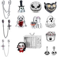 Black Halloween string decoration 925 silver skull ghost pendant cross safety chain Fit bracelet DIY women's jewelry gift