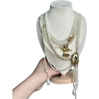 Vintage Baroque Pearl Choker Necklace Layered Stackable Pearl Long Necklace with Gold Angel Pendant Adjustable Fashion Gift
