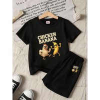 Chicken Banana, Funny Cartoon Print, Fun, Trendy And Cute Children's Short-Sleeved Shirt And Shorts Two-Piece Set