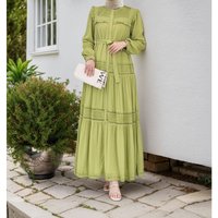 Jalabiya Women Eid Muslim Dress Abayas Embroidered Hollow Out Lace Lapel Collar Long Sleeve Robe Vestidos Women Party Dresses