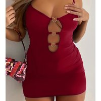 Plus Size Autumn Sexy Suspender Dress, Women's Plus Solid Color Cut Out Heart Decor V Neck Slight Stretch Slim Fit Mini Dress