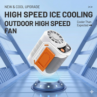 Portable waist-mounted fan with rechargeable battery, adjustable wind speed and flashlight. Suitable for outdoor construction