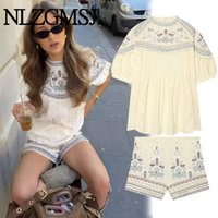 Nlzgmsj 2026 Women Boho Embroidered Two Piece Set Casual Puff Sleeve Blouse and High Waist Shorts Outfit for Vacation Daily Wear