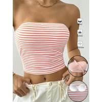 Chic Stripe Print Strapless Tube Top Built-in Pads Bra Free Comfortable Versatile Summer Casual Top