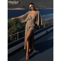 Clacive Sexy Loose White Cotton Women Dress 2024 Summer V-Neck Half Sleeve Ankle Length Dresses Elegant Hollow Out Female Dress