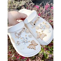14 pieces of gold letter love, Dot diamond butterfly, white ABS diamond flower, rose, Gold Heart, ABS pearl flower shoe buckle D
