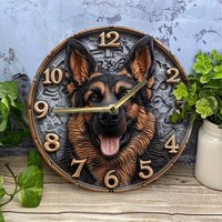 Wooden Wall Clock with German - Shepherd Design, Ideal for Home Decor, Takes AA Batteries