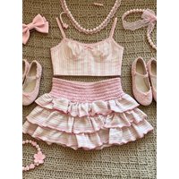 Millennial Girl Retro Sweet Vacation Style Pink Stripe Layered Cake Skirt Elastic Waist Half-length Women's Short Skirt