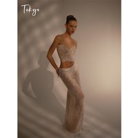 Tokyo Customized Sexy Lace Embroidery Strapless Wedding Party Sleeveless Crop Top Tulle Prom Dress Floor-Length Evening Gowns