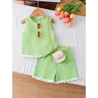 Trendy Girls 2Pcs Fresh Green Co-Ord, Wavy Edge Sleeveless Tank Top & Matching Shorts for Summer Holiday & Daily Play