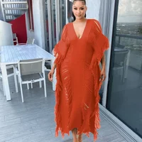 Sexy Crochet Knitted Hole Tassel Party Long Dress Fall Outfits Women Nightclub Loose Straight Sheer Maxi Dresses Tunics Vestidos