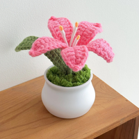 1pc Flowers Hand-Knitted Lily Potted Delicate Crochet Woven Flowers Pot Mother's Day Valentine's Day Gift Room Home Decoration