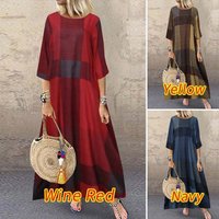 Vintage Loose Plaid Print Long Dresses For Women Summer New O-neck 3/4 Sleeve Casual Bohemian Big Hem A-line Vacation Dress Robe
