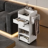 Versatile Rolling Storage Cart with 3 Drawers โ Narrow Mobile Side Table with Open Shelves & Towel Rack โ MDF Organizer Cart for Living Room or Bedroom
