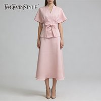 TWOTWINSTYLE Solid Casual Two Piece Sets for Women V Neck Short Sleeves Spliced Bead Top High Waist Long Skirt Basics Set Female