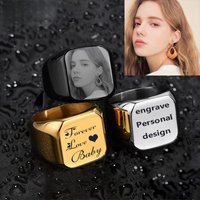 Man Woman Valentine's Day Name Text Photo Personalized Rings Gift Chunky Stainless Steel Custom Laser Engraved Engagement Ring