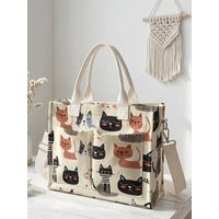 Cartoon Cat Print Beige Corduroy Tote Bag Large Capacity Multi Pocket Commuter Shoulder Bag