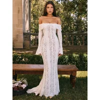 Floral Lace Off-shoulder Maxi Dress For Women White Strapless Backless Long Sleeve Bodycon Club Party Sexy Long Dress