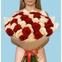 50 Premium White and Red Roses