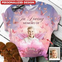 Pink Heaven Custom Photo Angel Wings Butterflies, In Loving Memory Personalized 3d T-shirt