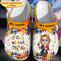 Colorful Crayon Teach Love Inspire Cute Pretty Doll Teacher Personalized Clogs, Teacher's Day Gift