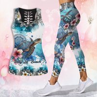 Sea Turtle Mandala Tropical Flower - Personalized Turtle Hollow Tank Top And Leggings