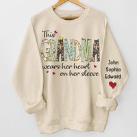 Wears Her Heart On Her Sleeve - Family Personalized Sweatshirt With Design On Sleeve - Gift For Mom, Grandma