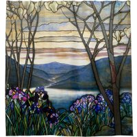 Tiffany Stained Glass Magnolias Irises Art Nouveau Customizable Text Shower Curtain