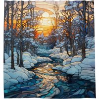 Winter Scenery Stained Glass Customizable Text Shower Curtain