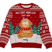 Best Cat Mom Ever Personalized Custom Pet Parent Snowy Christmas Ugly Sweatshirt