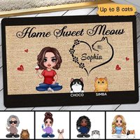 Home Sweet Meow Doll Woman And Cats Personalized Doormat