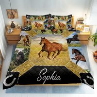 Personalized Horse Quilt Set, Horse Patchwork Pattern Quilt Blanket, Custom Name Quilt Bedding Set
