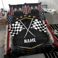 Personalized Racing Black White Checkered Flag Quilt Blanket, Custom Name Quilt Bedding Set