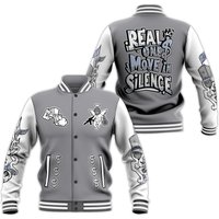 Low Cement Grey 11s Varsity Jacket - Ones Move In Silence Graphic All Over Print Baseball Jackets