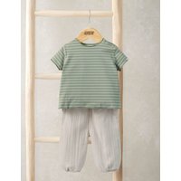 Mamas & Papas Cotton Rich Striped T-Shirt & Trousers Outfit (0-12 Mths) Blue