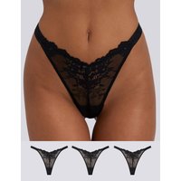 Boux Avenue 3pk Fran Floral Lace High Leg Thongs Black