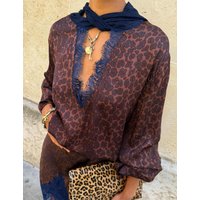 Never Fully Dressed Leopard Print V-Neck Lace Detail Batwing Top Multi