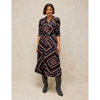 White Stuff Rua Cotton Blend Jersey Printed Midi Shirt Dress Navy Mix