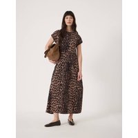HUSH Cotton Rich Leopard Print Midaxi Waisted Dress Brown Mix