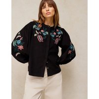 White Stuff Wren Pure Cotton Printed Notch Neck Blouse Black Mix