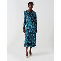 Ghost Satin Floral Cowl Neck Midi Waisted Dress Blue Mix