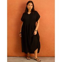 Live Unlimited London V-Neck Pleated Midaxi Smock Dress Black