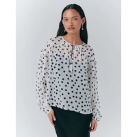 Ghost Pure Silk Polka Dot Tie Neck Blouse White Mix