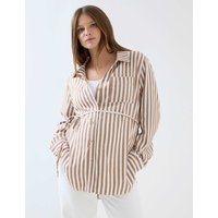 JoJo Maman Bébé Maternity Pure Cotton Striped Collared Longline Shirt Natural Mix