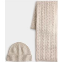 Autograph Pure Merino Wool Cable Knit Oversized Scarf & Hat Set Natural Mix