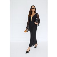 Golden Flower Mesh Long Sleeve Maxi Dress Black