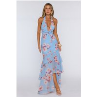 Floral Halter Twist Detail Tiered Maxi Dress Blue